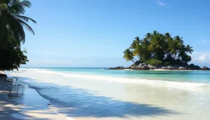 Tropical paradise beach with palm trees and clear blue water.