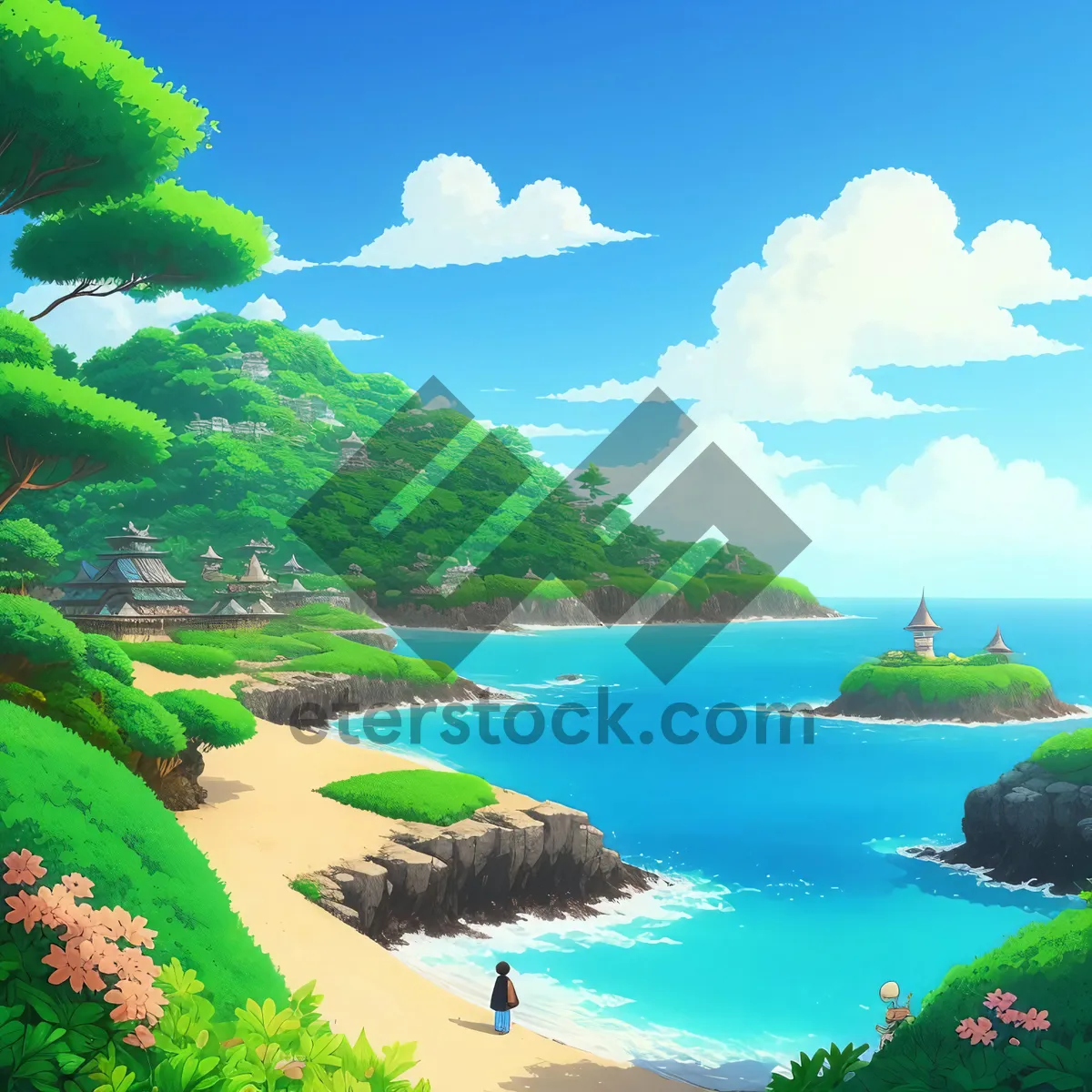 Picture of Tropical island beach with crystal clear waters and palm trees