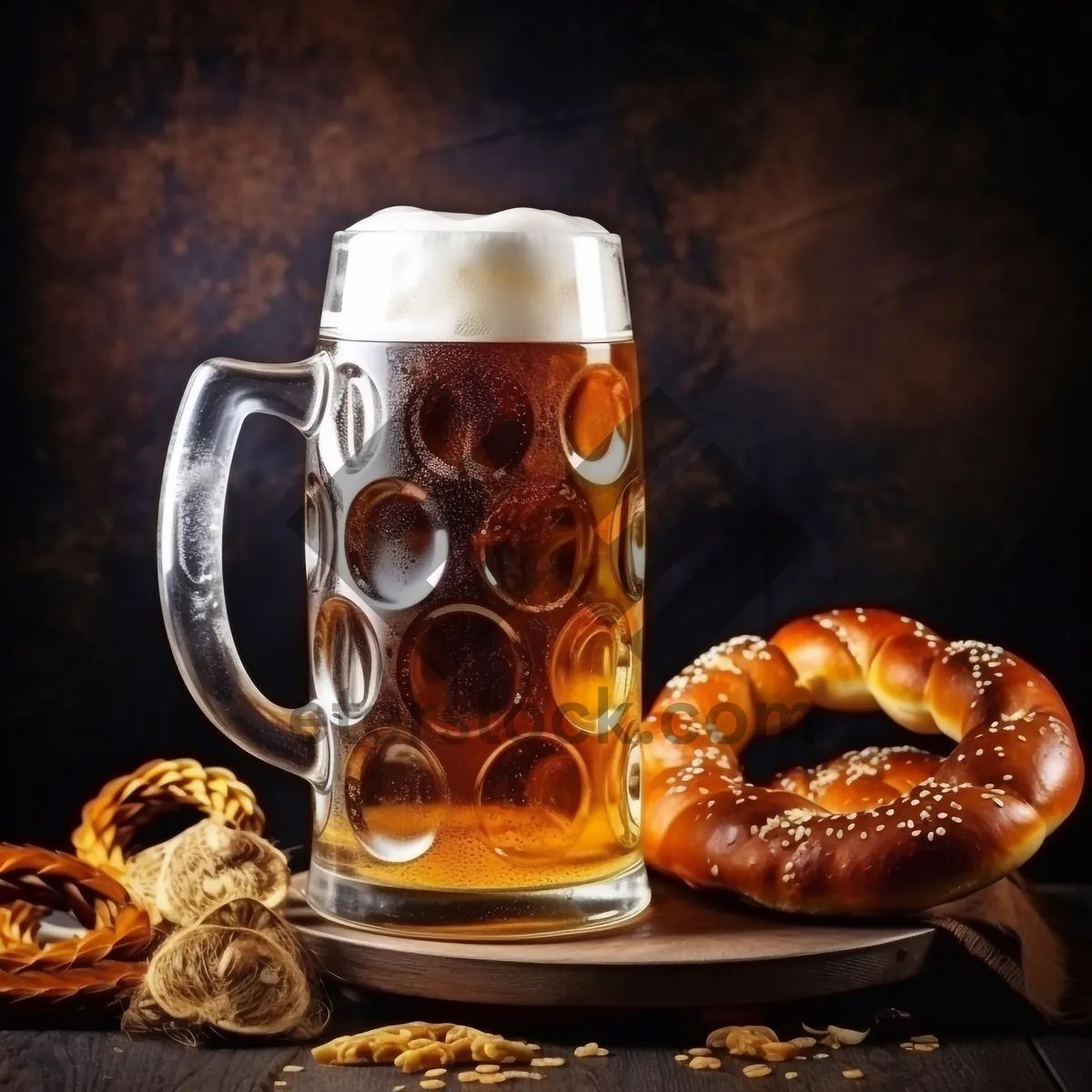 Picture of Black coffee and pretzel on mug for breakfast