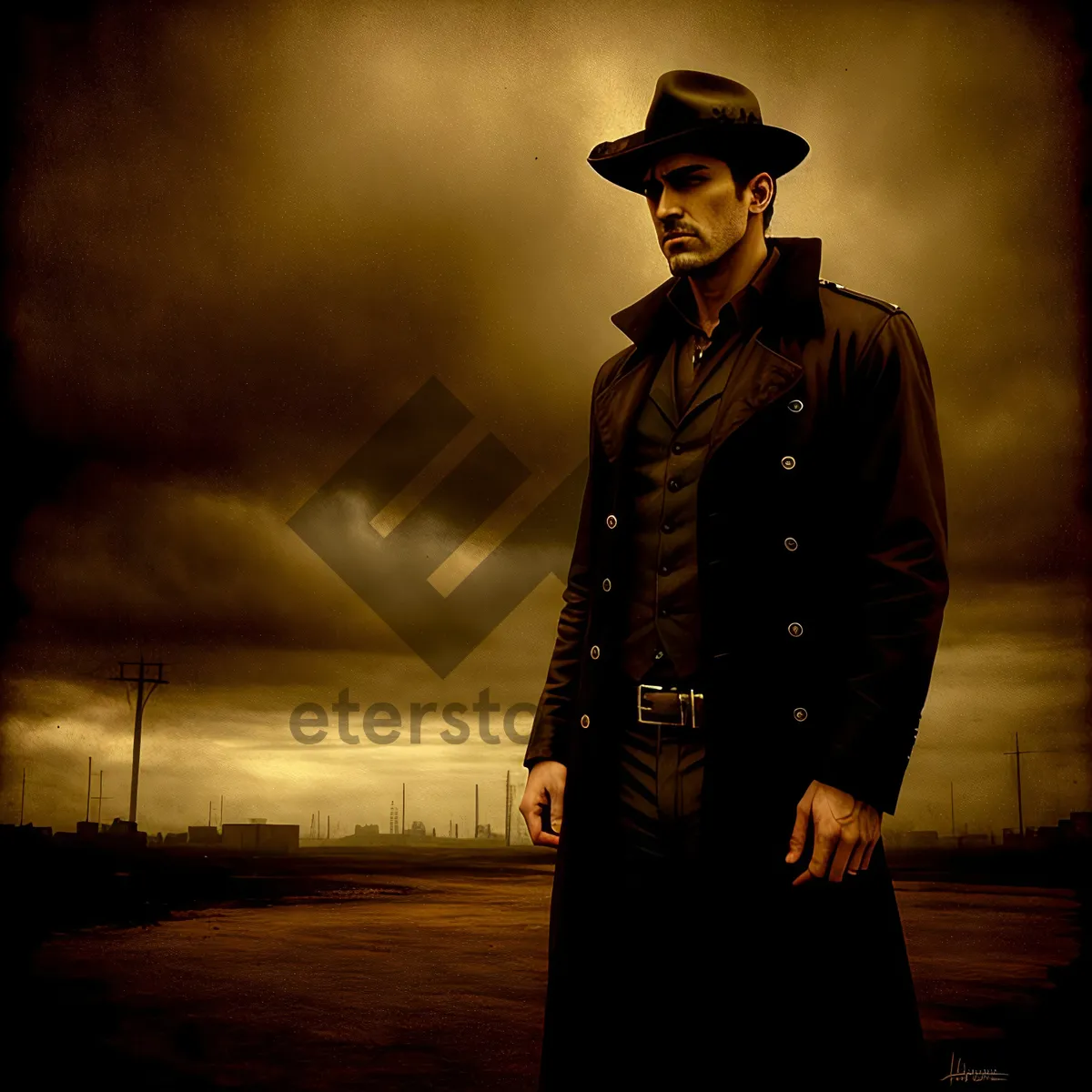 Picture of Stylish Male Model in Black Trench Coat and Cowboy Hat