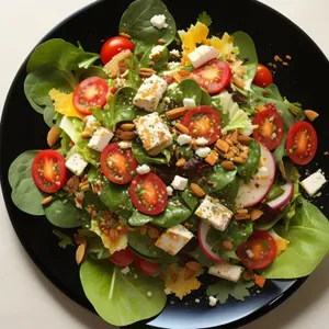 Fresh and delicious gourmet vegetable salad with cheese.