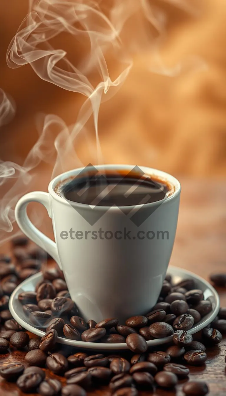 Picture of Hot cappuccino in black mug on saucer