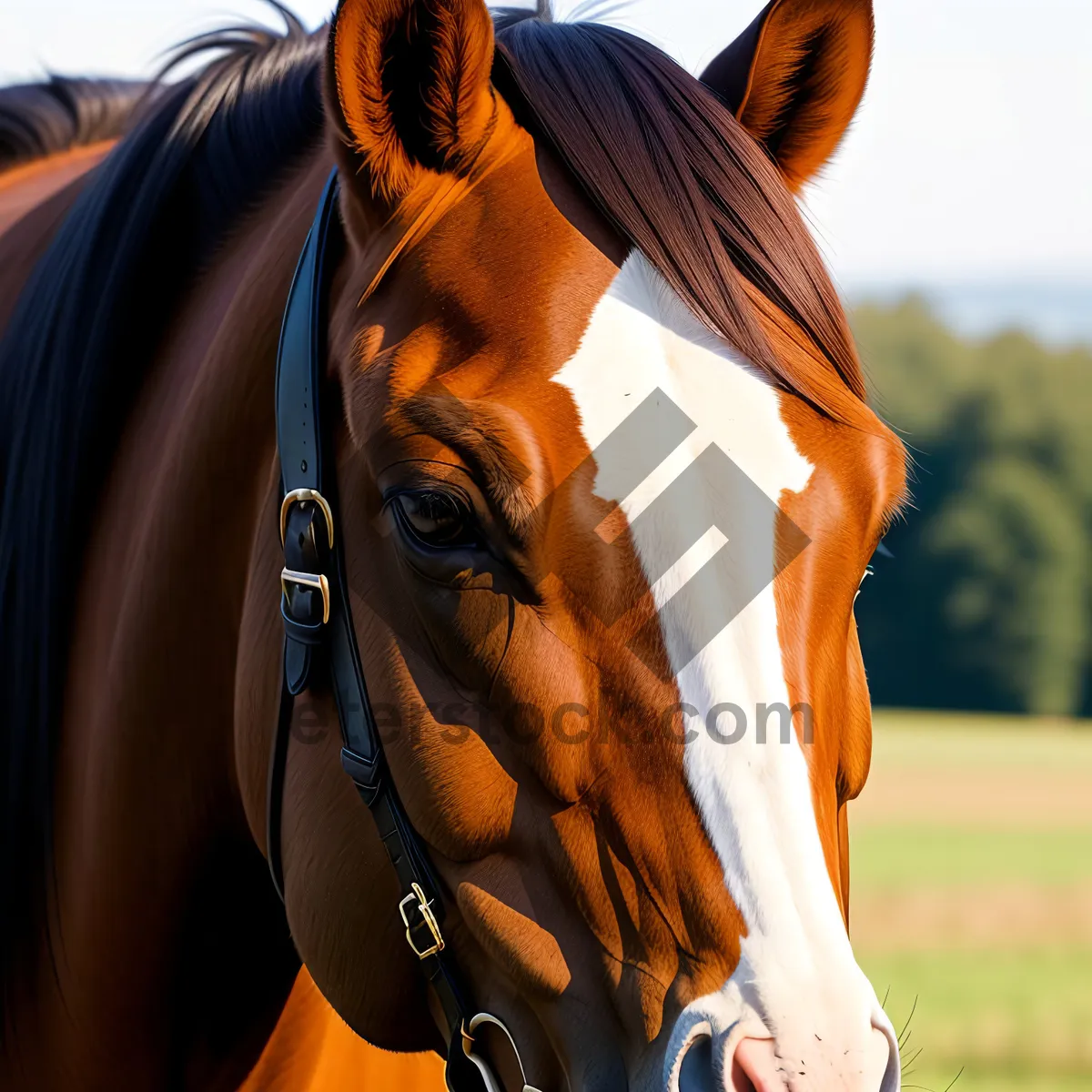 Picture of Majestic Thoroughbred Stallion Galloping in Rural Pasture