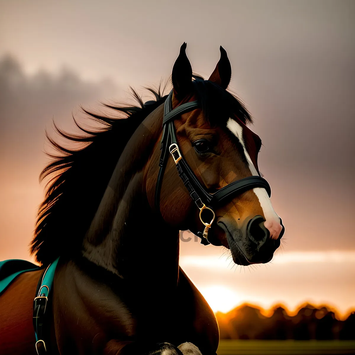 Picture of Thoroughbred Horse with Brown Mane Grazing in Meadow