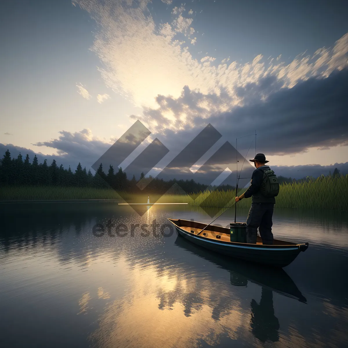 Picture of Serene Lake Reflection with Paddle and Boat