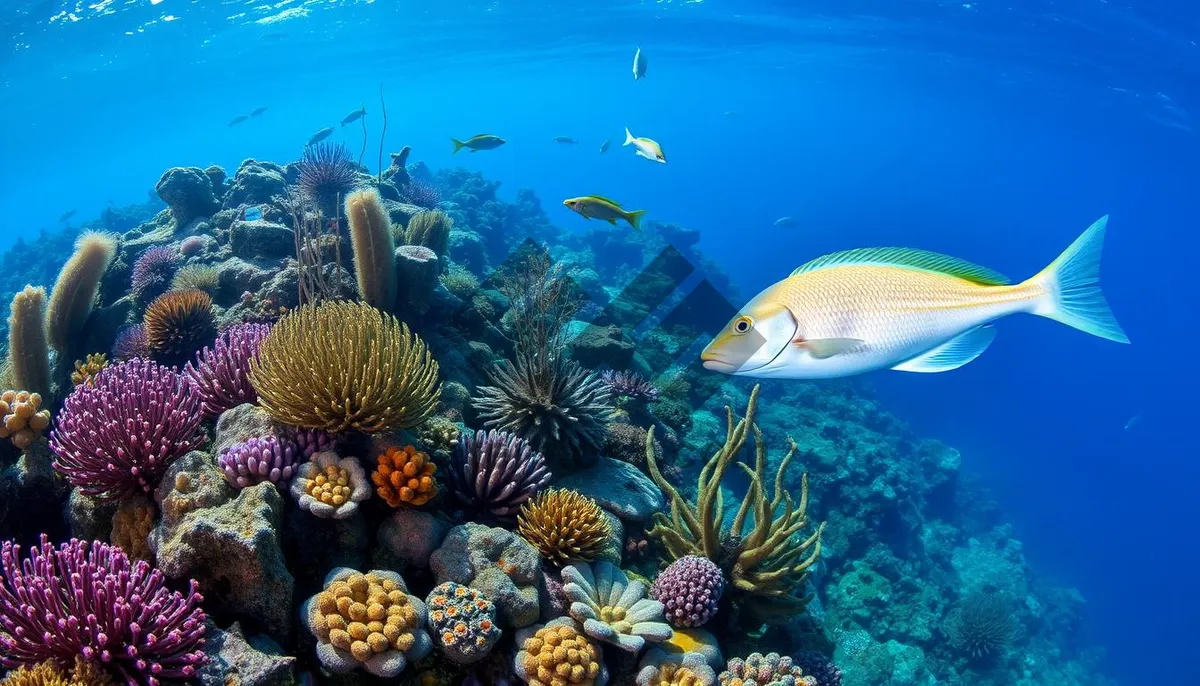 Picture of Colorful tropical fish swimming in bright underwater coral reef.