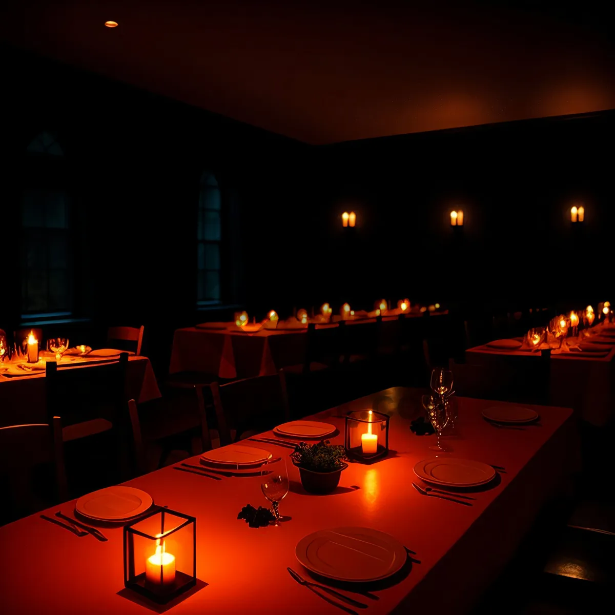 Picture of Nighttime Urban Cityscape with Glowing Barroom and Menorah