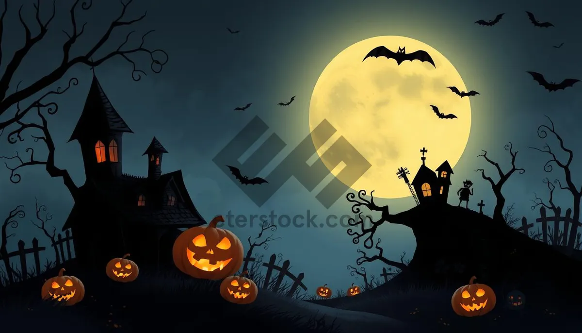 Picture of Spooky Halloween Night Silhouette Cemetery Scene