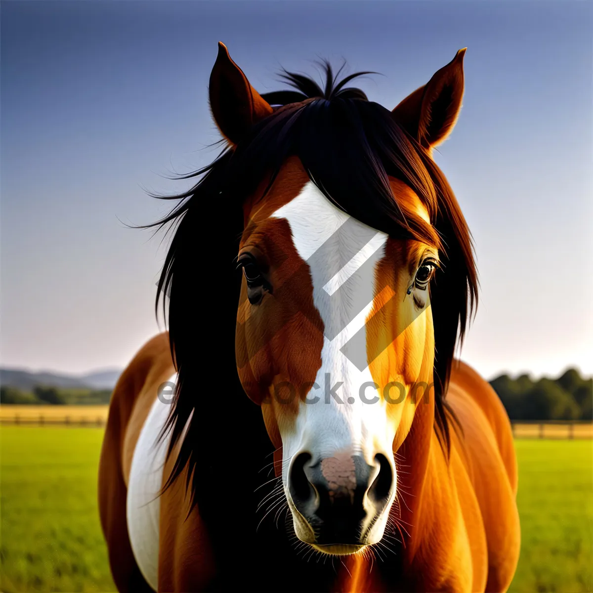 Picture of Stunning Brown Stallion Grazing on Ranch