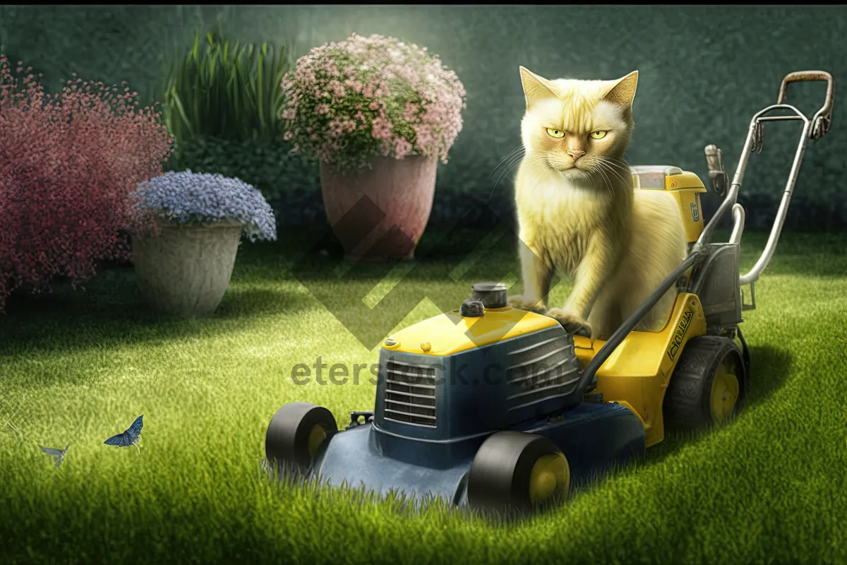 Picture of Lawn mower cutting grass on a sunny day.