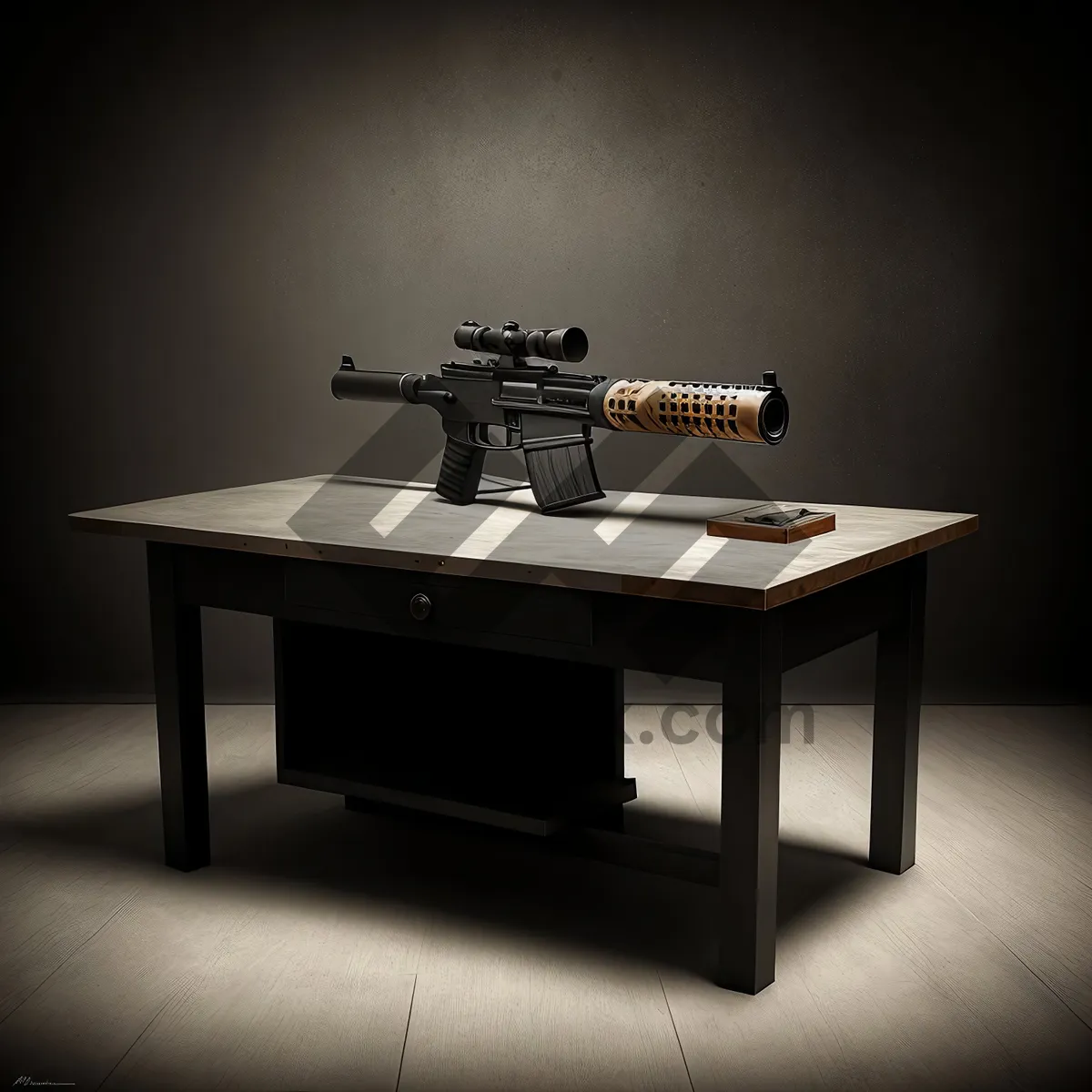 Picture of Firearm atop wooden table in furnished room