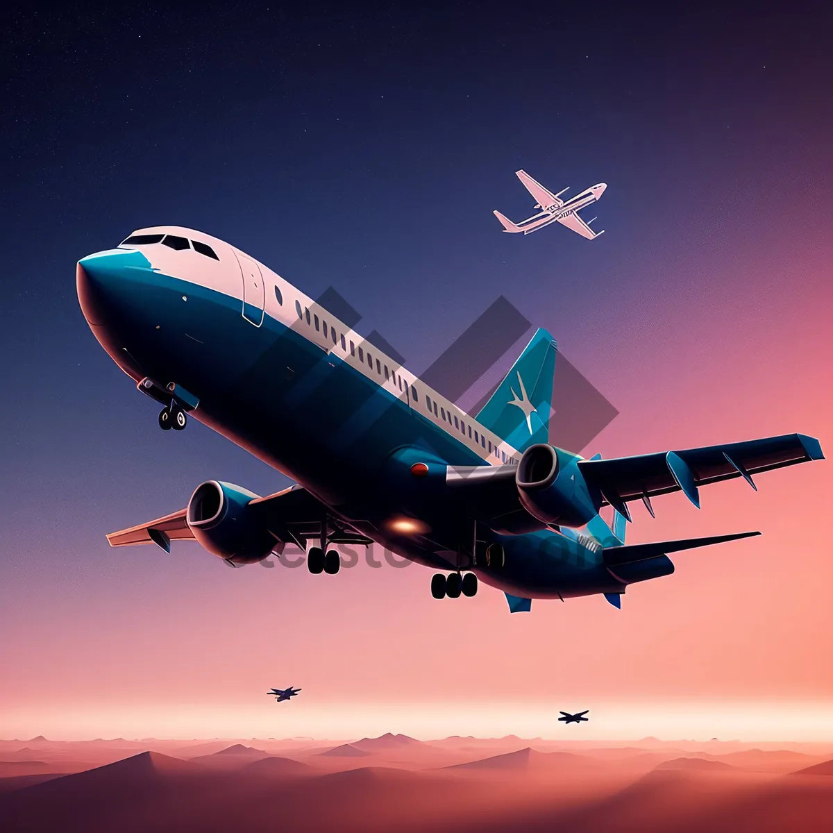 Picture of High-speed jet airliner soaring through the blue sky