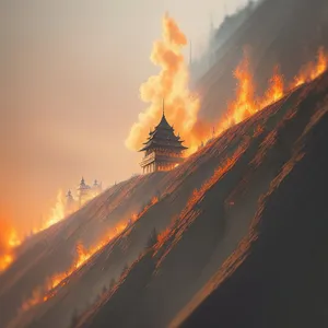 Fiery Mountain Landscape Engulfed in Smoke