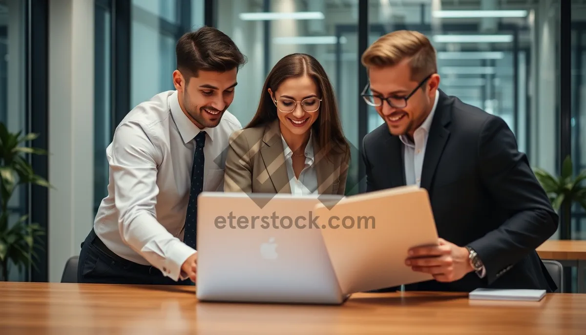 Picture of Happy man working on laptop in modern office