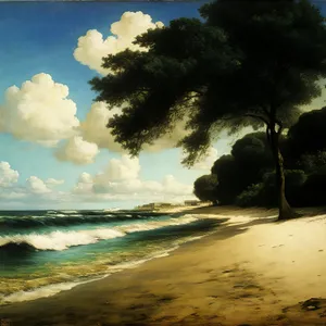 Serene Sunset Beach Landscape Overlooking Tropical Ocean