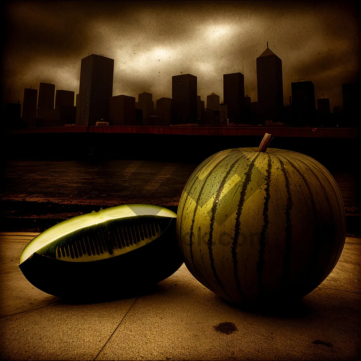 Picture of Autumn Harvest: Vibrant Orange Pumpkins and Watermelon