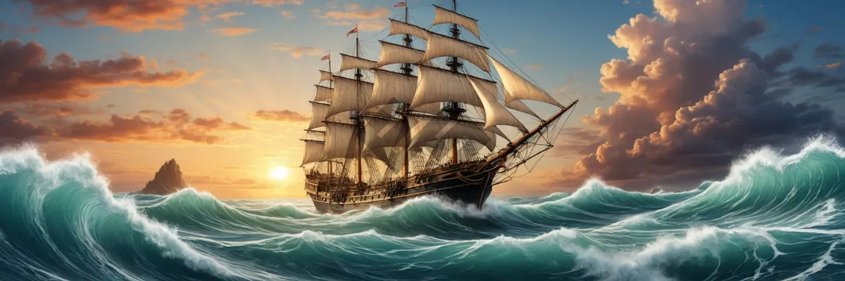 Picture of Pirate ship at sunset on the ocean