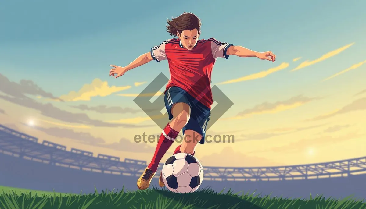 Picture of Happy man jumping with soccer ball in meadow.