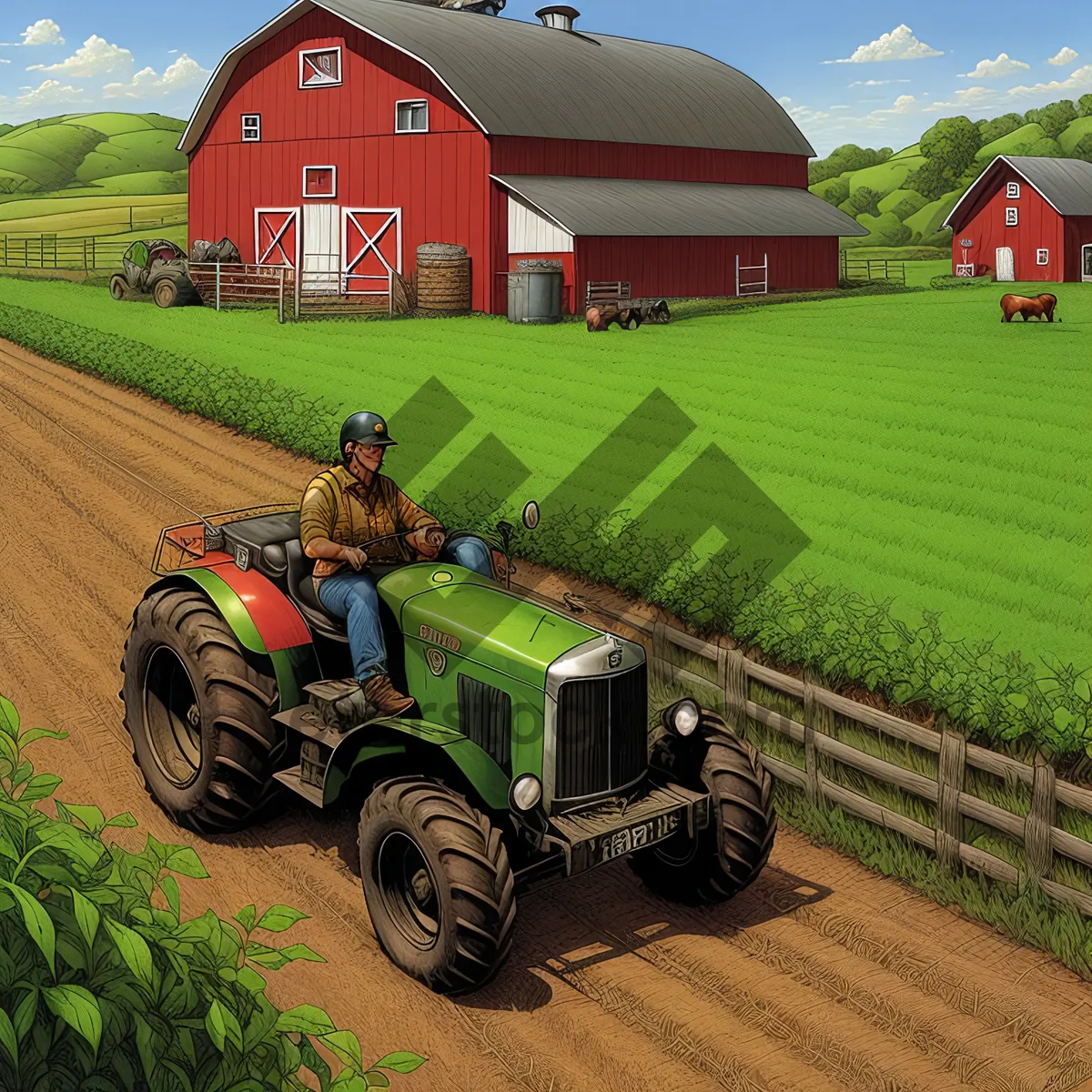 Picture of Rural Farming Scene with Old Tractor and Barn