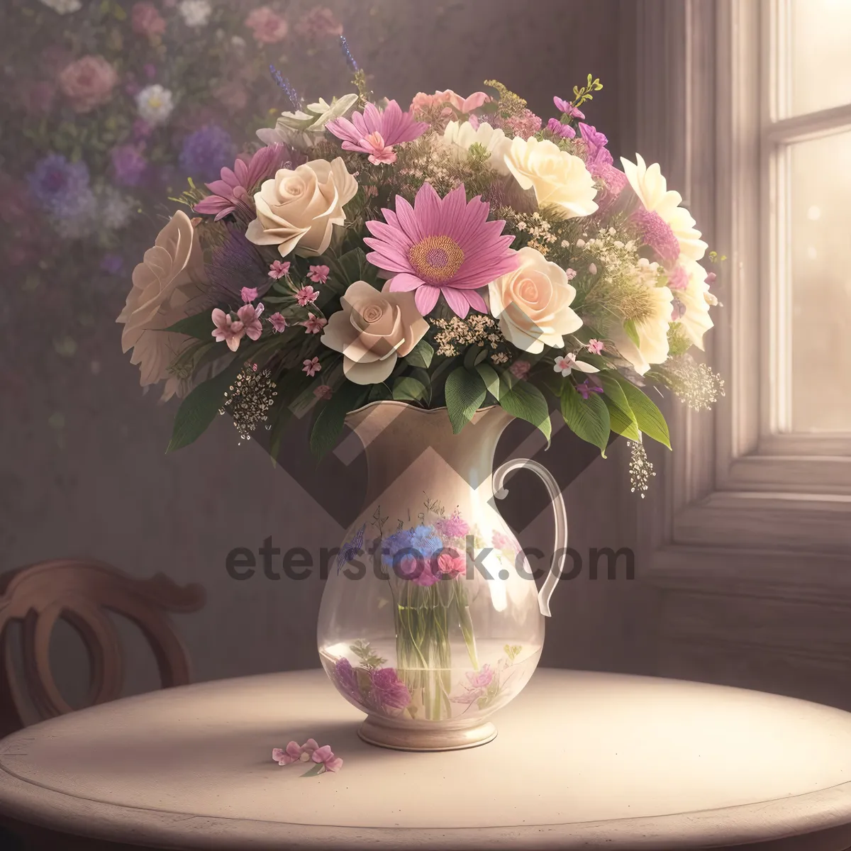 Picture of Pink Porcelain Vase with Floral Bouquet