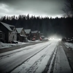 Winter Wonderland: Snow-covered road with snowplow in a snowy forest.