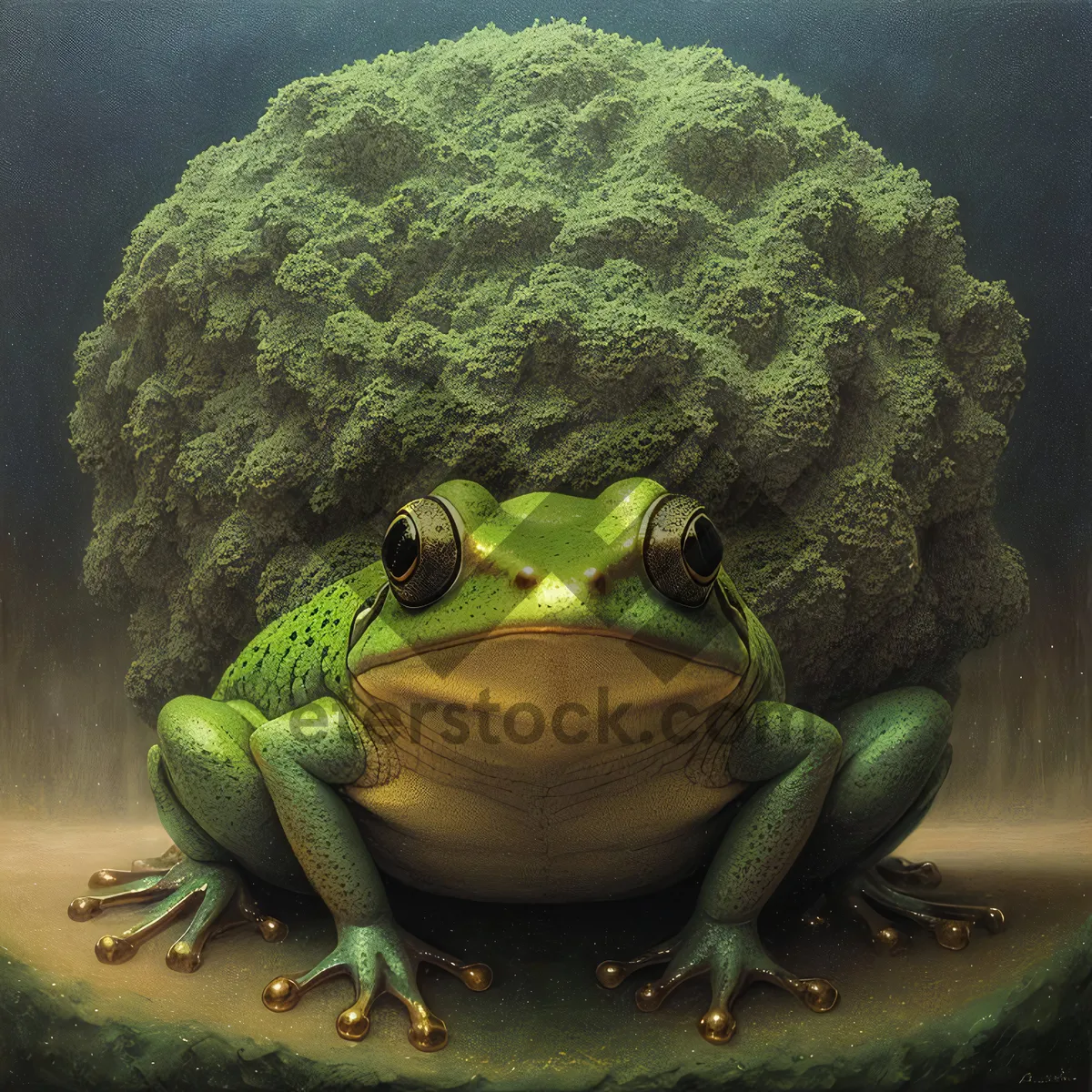 Picture of Close-eyed Green Frog Surrounded by Broccoli