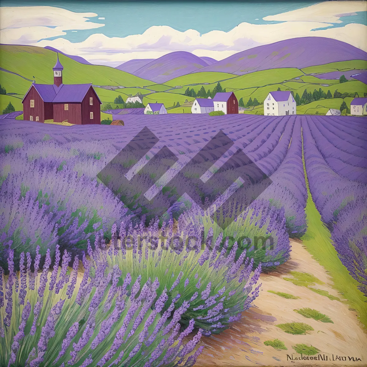 Picture of Colorful Lavender Field Art with Purple Lines