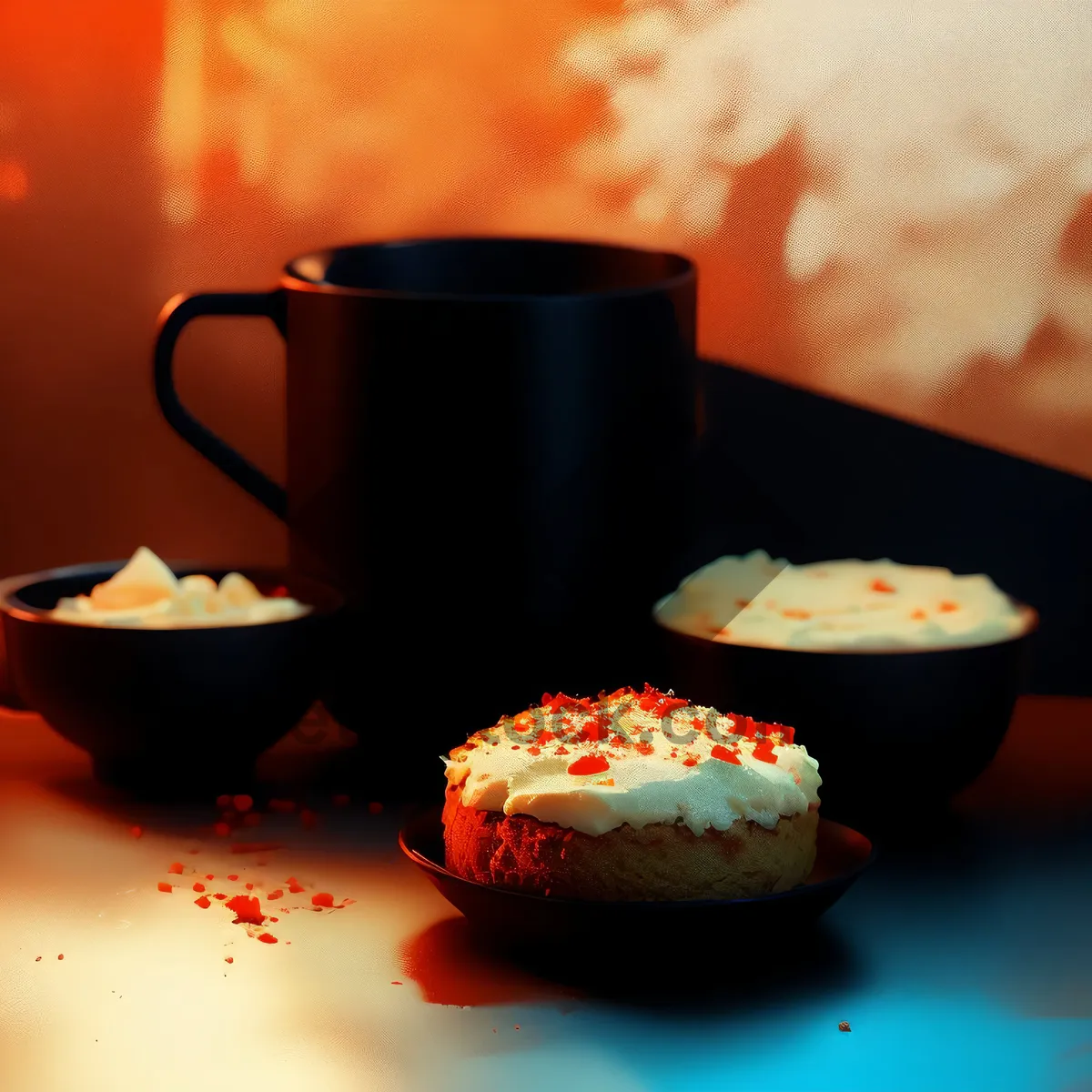 Picture of Delicious breakfast plate with hot coffee.