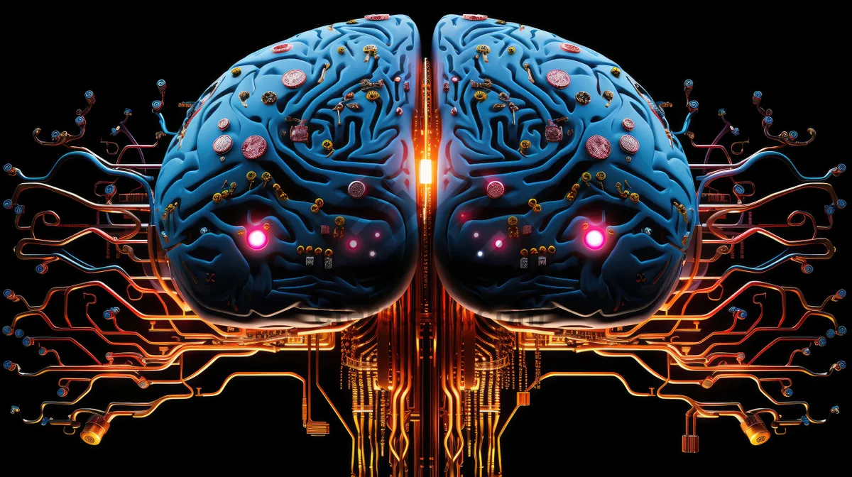 Picture of Science fiction concept of ai. Artificial brain as the most important element of the artificial intelligence system. Electronic chips and memory elements are integrated into the brain structure.