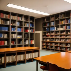 Modern library interior with bookshelves and tables