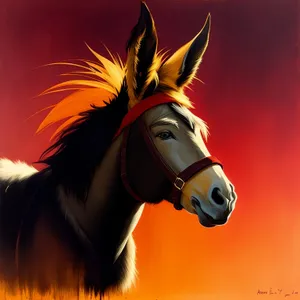 Brown horse wearing muzzle and bridle