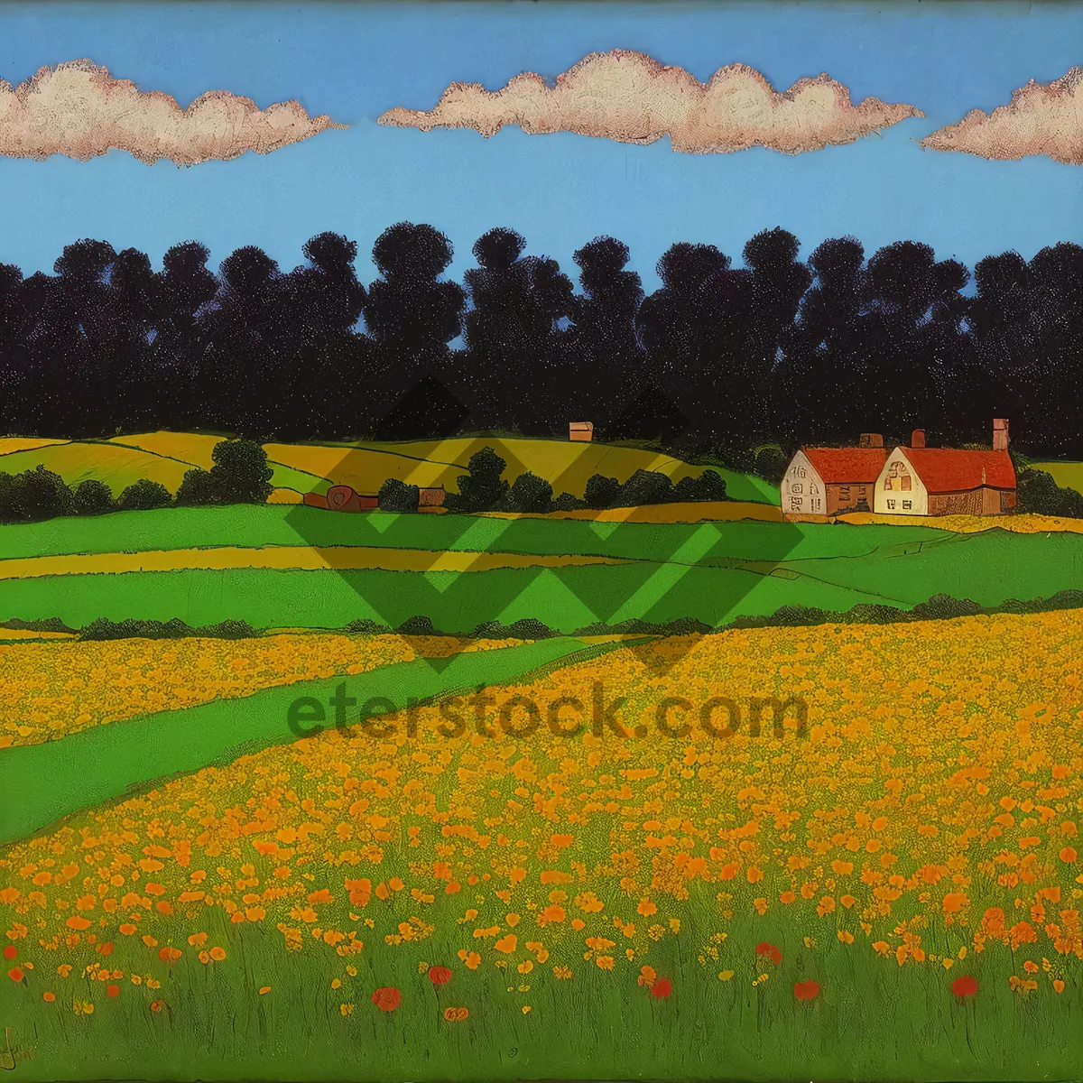 Picture of Rural landscape with football stadium and trees under summer sky