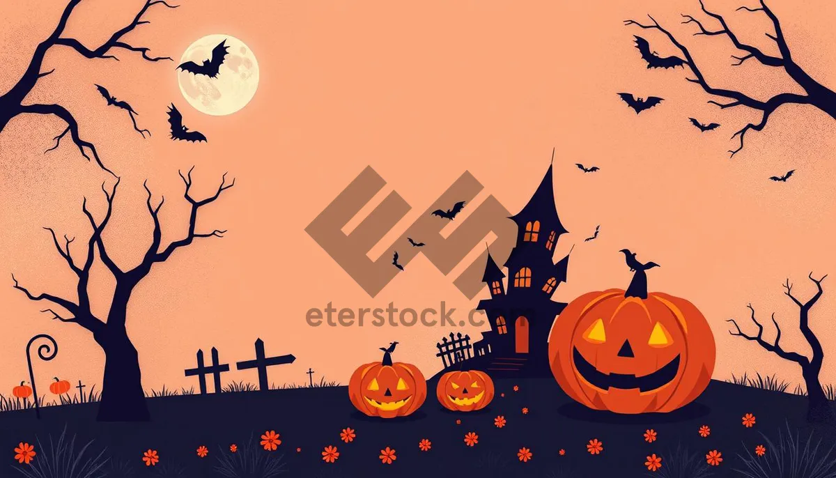 Picture of Nighttime Halloween Scene with Moon, Pumpkin, and Trees