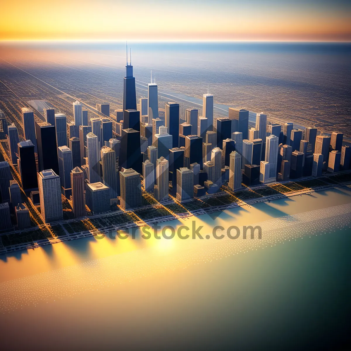 Picture of Serenity by the Sea: Cityscape Sunset Reflection