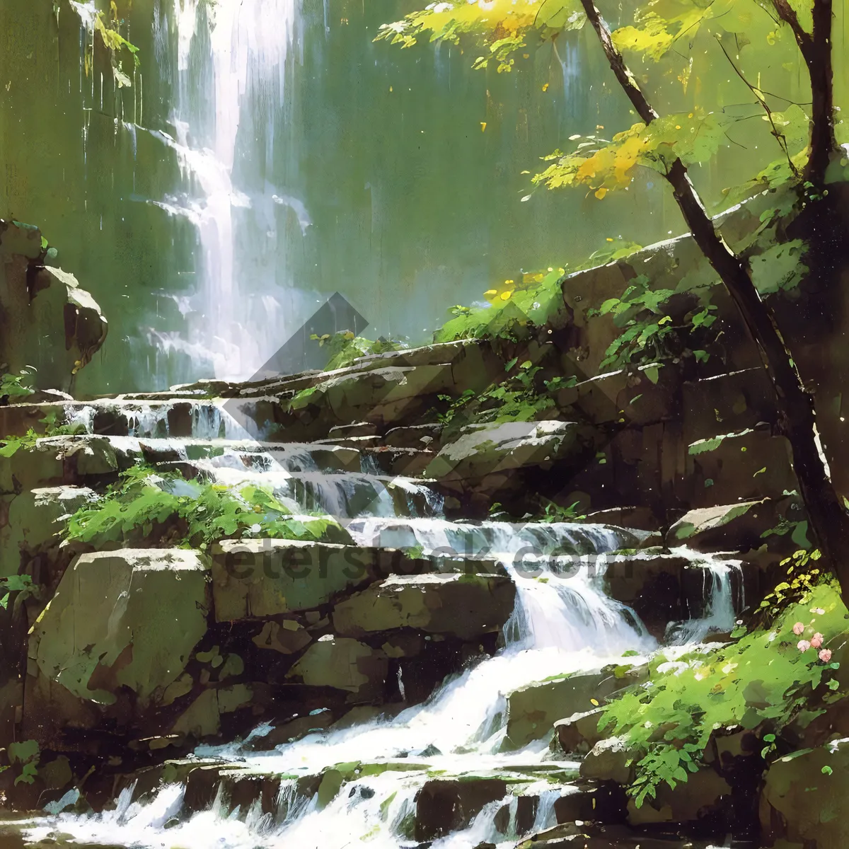 Picture of Serene Waterfall Flowing Through Forested Mountains