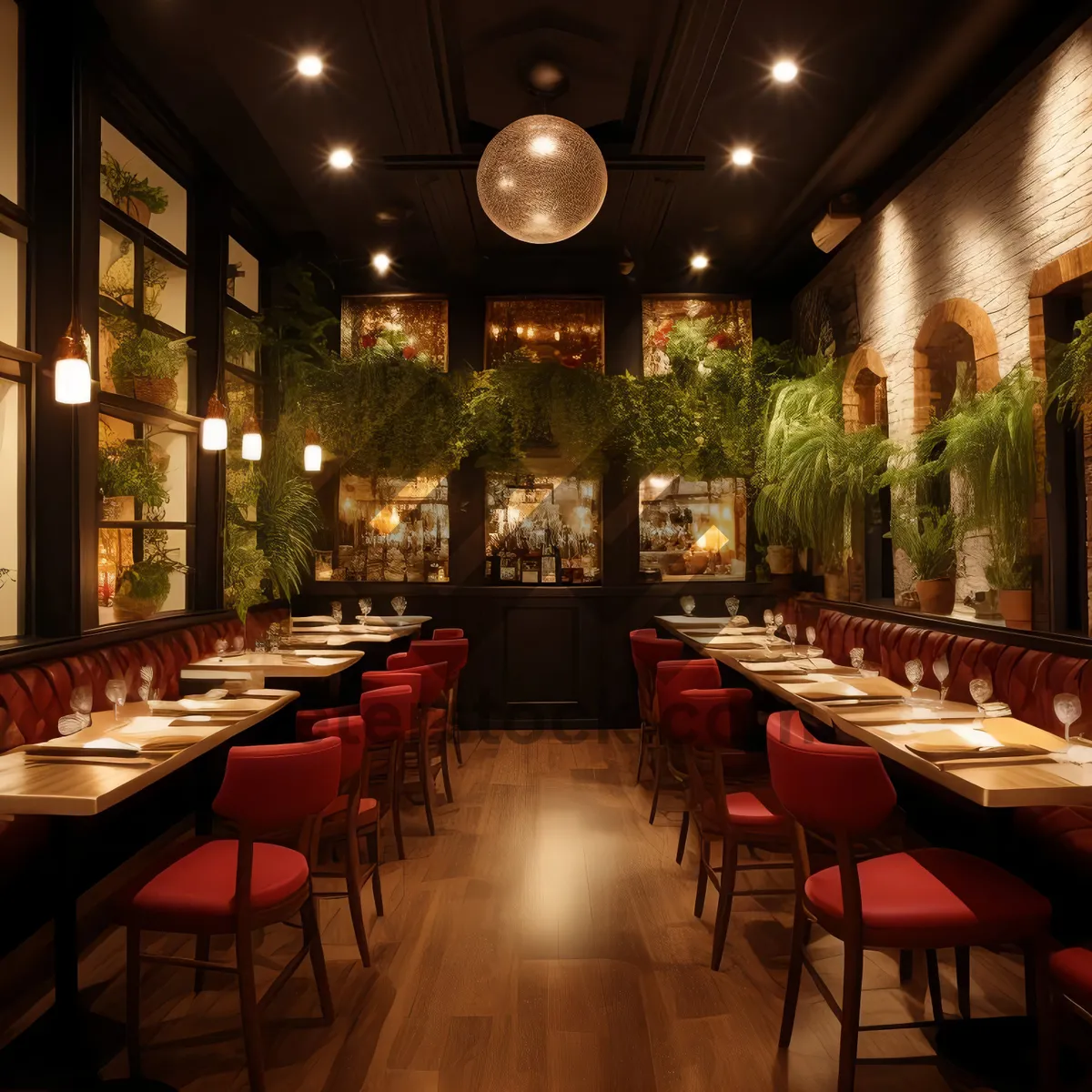 Picture of Modern restaurant interior design with wooden chairs and tables