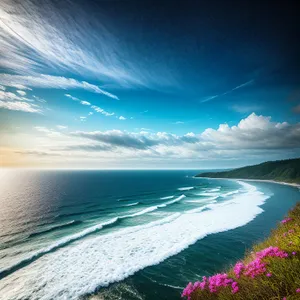 Serenity at Sunset: Tranquil Shoreline and Reflecting Waves