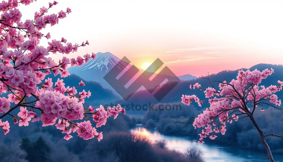 Picture of Japanese sunset over Mount Fuji with crape myrtle