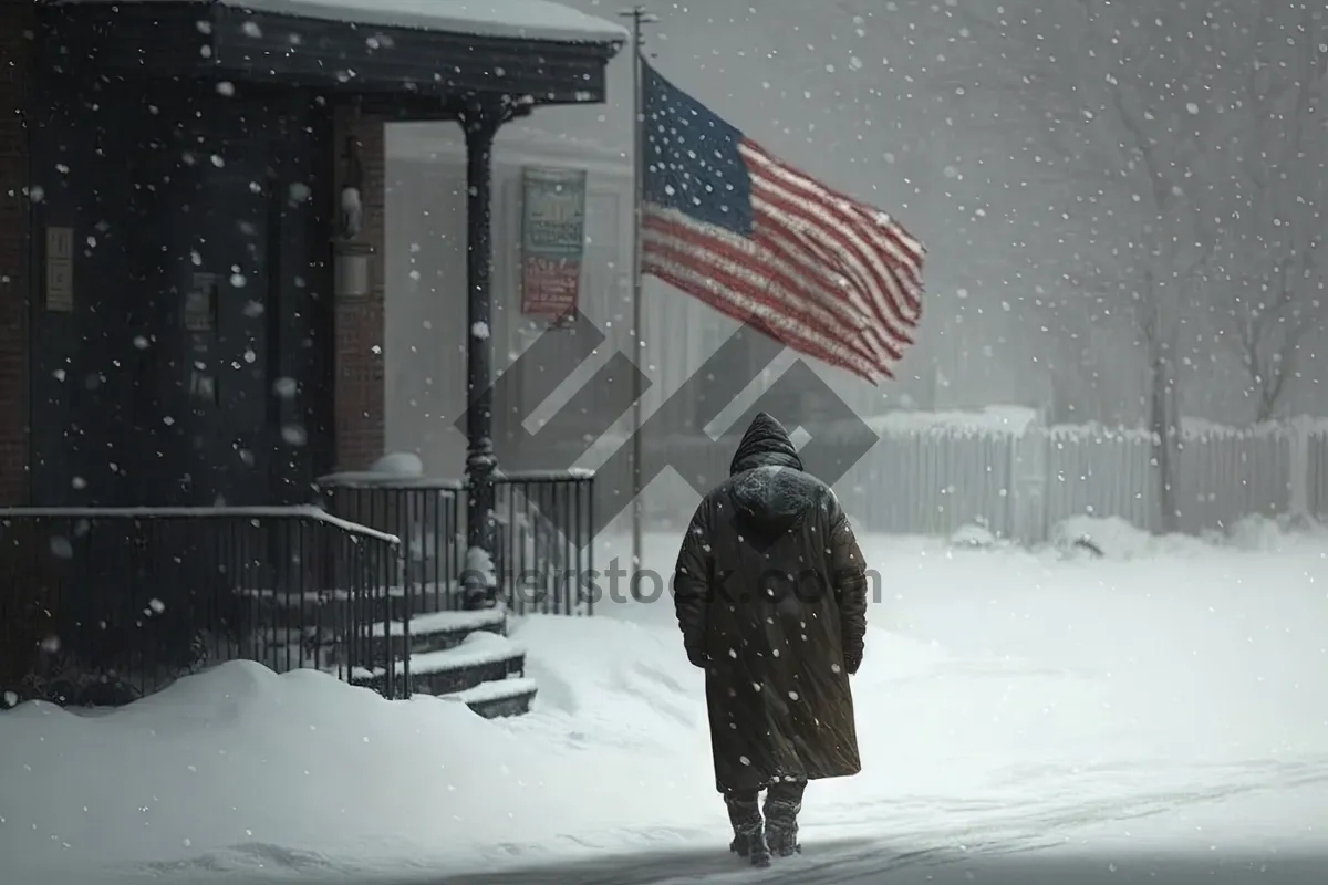 Picture of Man shoveling snow in winter forest forest.