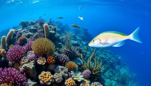 Colorful tropical fish swimming in bright underwater coral reef.