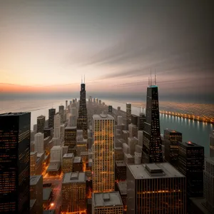 Urban Skyline at Sunset: City's Iconic Office Towers