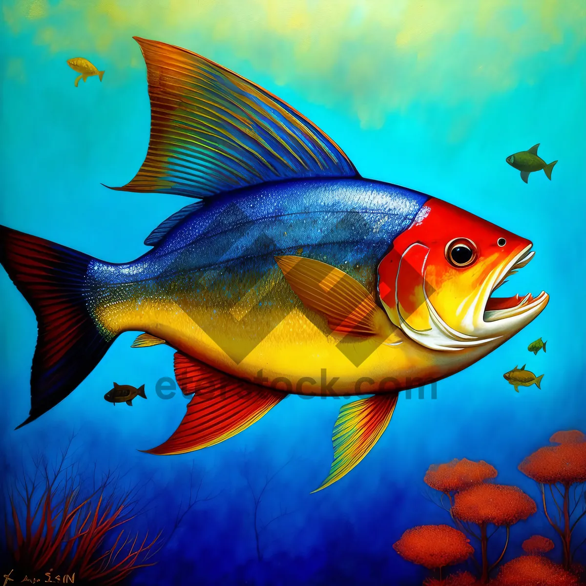 Picture of Colorful Goldfish Swimming in Underwater Aquarium