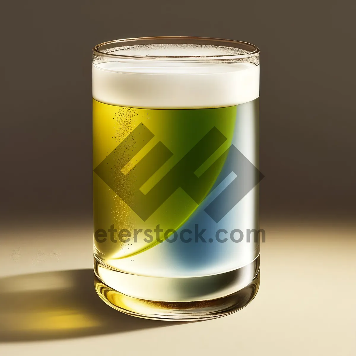 Picture of Golden beer pint with frothy foam in glass mug.