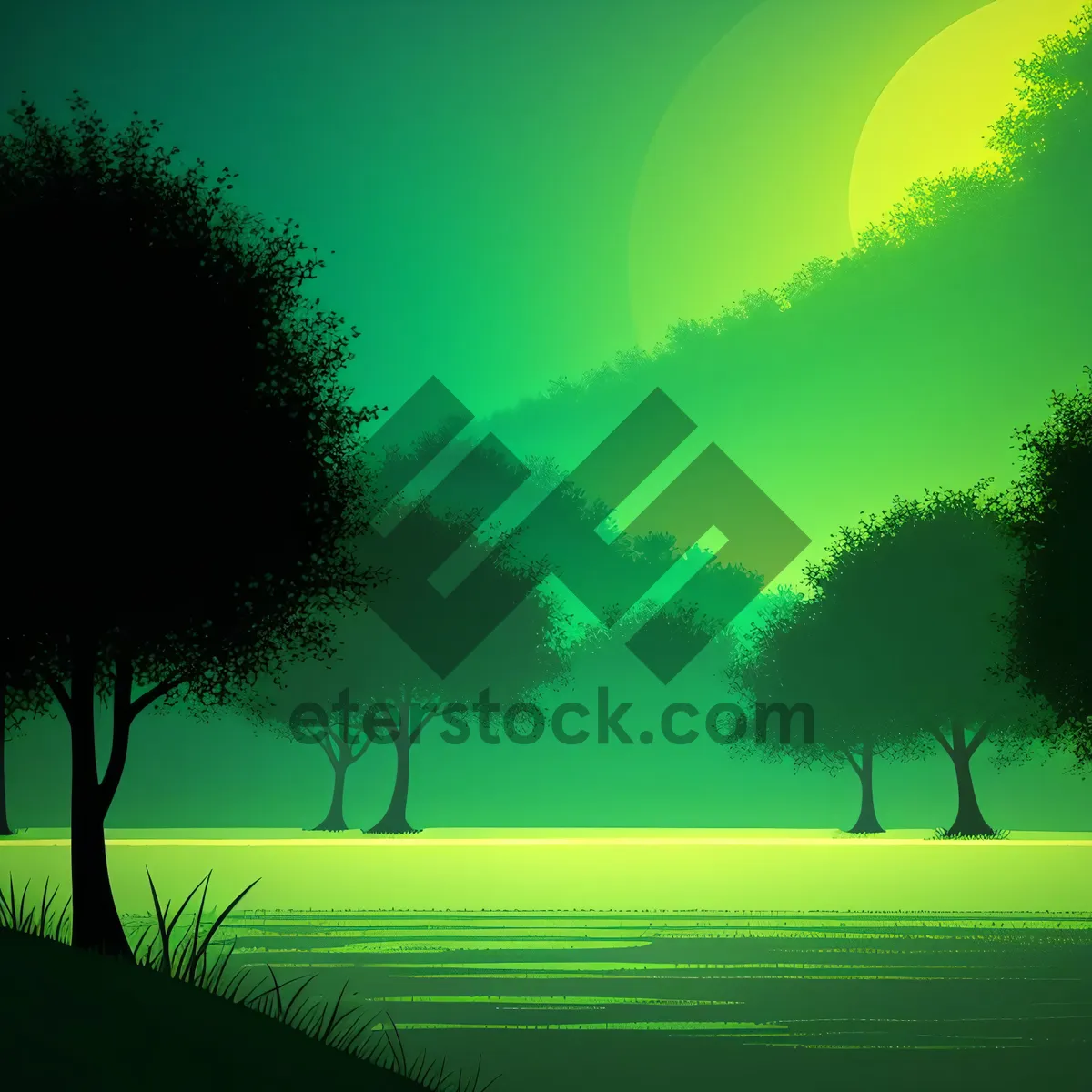 Picture of Majestic Sunset over Grassland with Silhouetted Trees