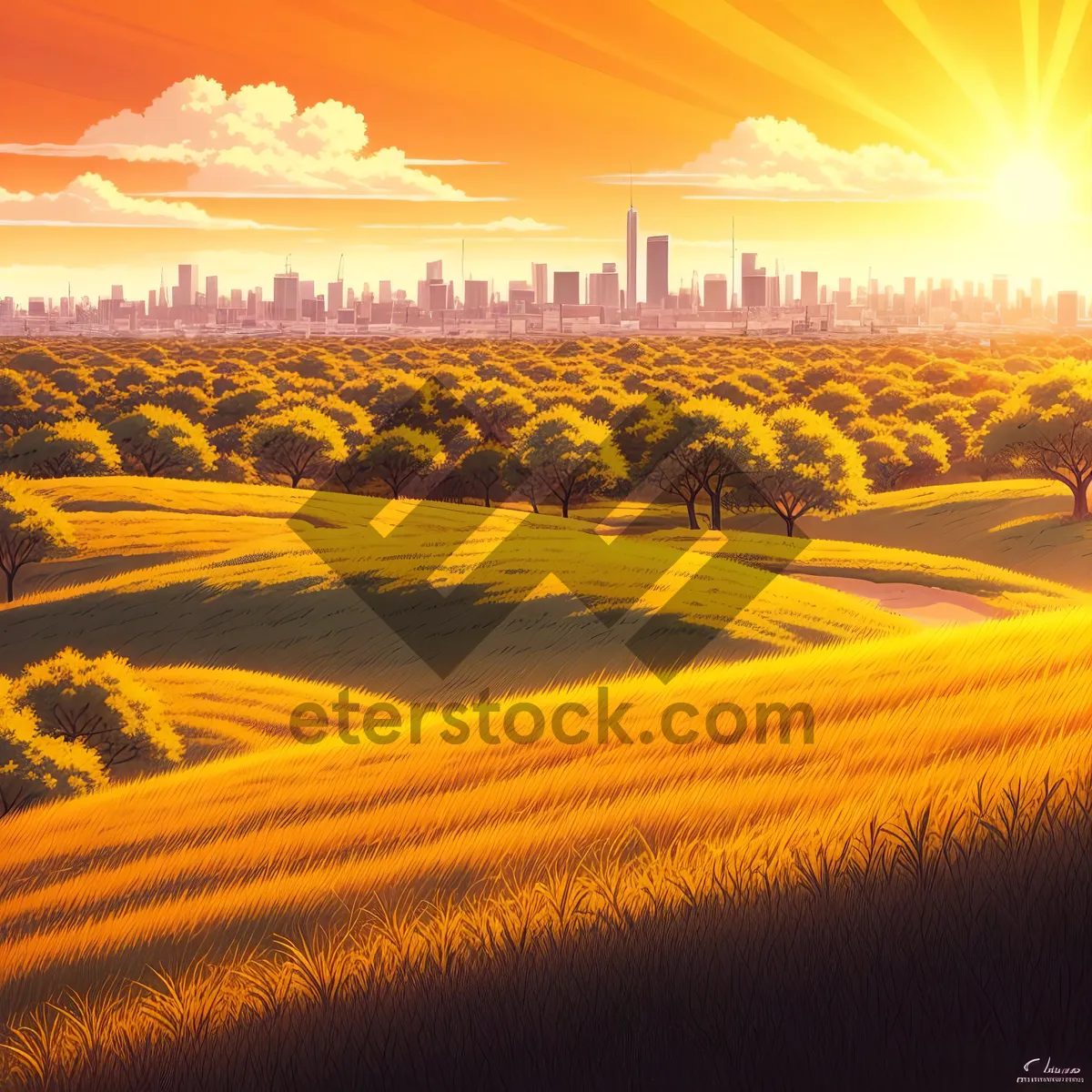 Picture of Golden Summer Sunset Over Rural Landscape