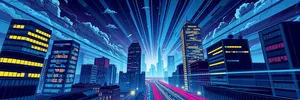 Futuristic cityscape with vibrant laser lights swirling at night