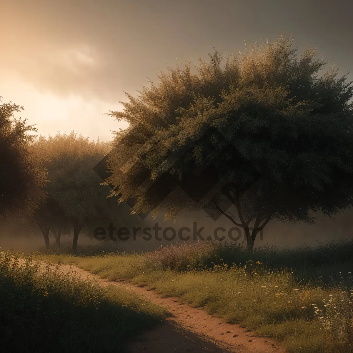 Picture of Golden Sunset Over Rural Landscape with Tree and Horizon