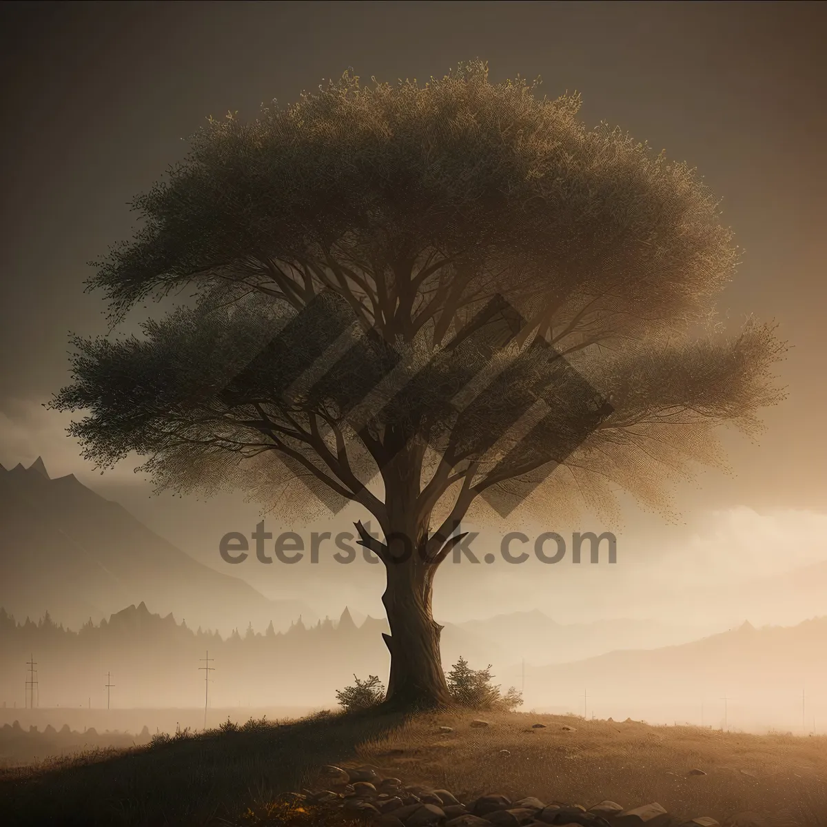 Picture of Golden Sunset Over Yucca Shrub in Rural Landscape