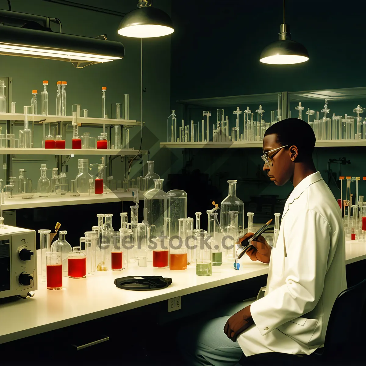 Picture of Smiling male pharmacist in lab coat at work.