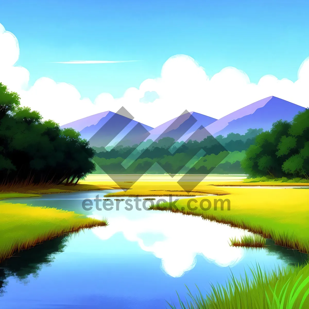Picture of Idyllic countryside sunset over lush meadow and lake